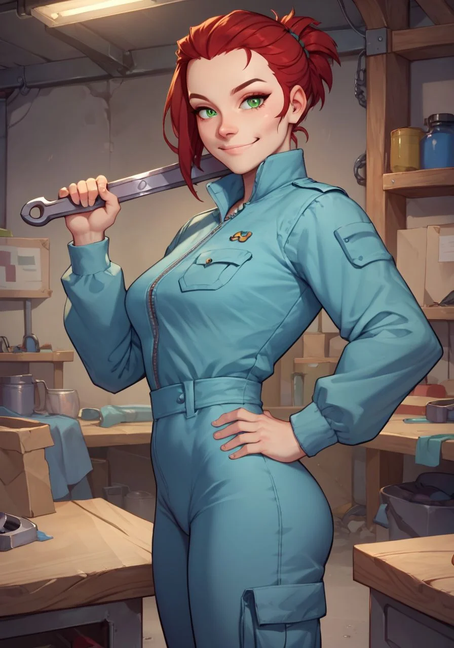 score_9, score_8_up, score_7_up, BREAK, semirealistic, workshop, a girl holds a large wrench over her shoulder, hand on hip, looking at viewer, faint closed mouth smile, from side, <lora:mo1r4FO_PDXL:1> mo1r4FO, red hair, green eyes, blue jumpsuit