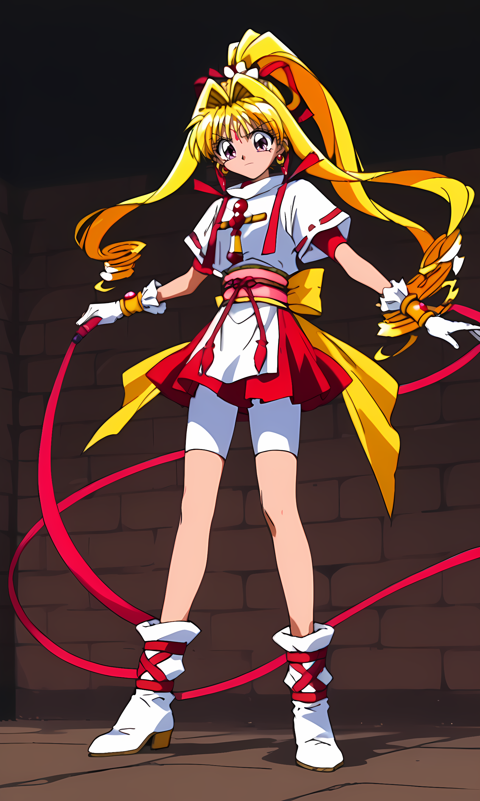8k, best quality, solo, cute, score_9, score_8_up, score_7_up, 90s anime, masterpiece, source_anime,  KKJs2, artist A style, purple eyes, forehead jewelry, blonde hair, very long hair, hair intakes with drill long sidelocks, one high drill ponytail at the back, red hair ribbon with white octagonal decoration, earrings, red inner clothes with white edges, white outfit, folded standing collar, white collar, white side slit and long shirt tail, red accents on white short sleeves, short red inner sleeves, exposed lower arms, shoulder decorations, red ribbon decorations on shoulders, cross ornament on chest, gold bracelet, long white gloves, (red and yellow sash:1.2), red rope with tassels, large yellow bow, red layered miniskirt, white bike shorts, covering thighs, bare thighs between bike shorts and boots, white boots, red crisscross ribbon wrapping around boots, serious, holding 1ribbon wand, red ribbon, dynamic pose, full body, dark environment, brick wall
