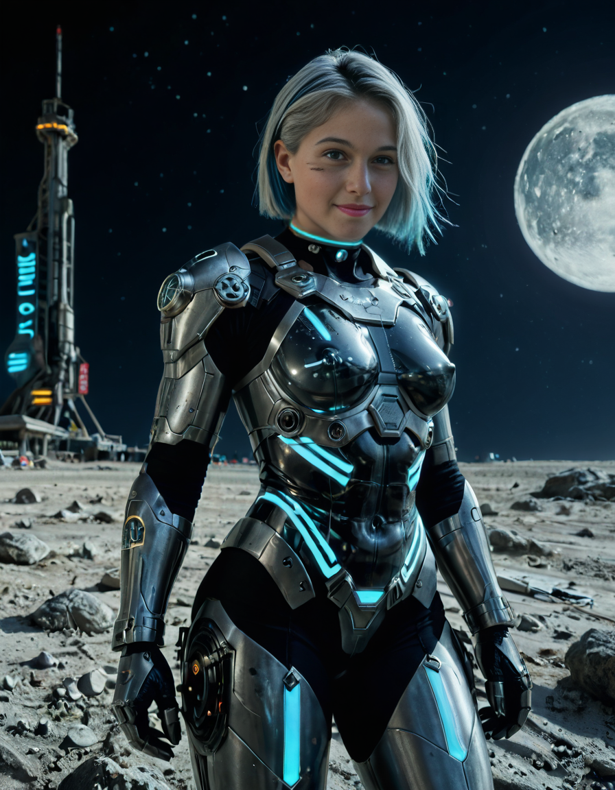 <lora:extremely_detailed:0.4> extremely detailed, <lora:moon_surf4c3_v2:1>,looking at viewer, 
A woman,white hair, standing on the surface of the Moon,moon surf4c3, dressed as a cyberpunk warrior. The woman has short silver hair with subtle neon blue highlights, slightly floating as if in low gravity. She is wearing a sleek, futuristic cyberpunk armor suit made of glossy black metallic plates and synthetic fabric, illuminated by glowing neon blue and purple accents. Her armor includes visible circuits, cables, and a partial exoskeleton on her arms and legs. She wears reinforced boots with miniature thrusters.
Her expression is determined, with a faint hint of battle scars on her face and subtle cybernetic makeup that reflects light. She holds a futuristic energy sword in one hand, the blade glowing with a translucent electric blue aura. On her left wrist, a holographic interface is projected, showing futuristic graphs and symbols.
The surface of the Moon around her is rugged and gray, covered with craters and scattered rocks. In the background, the Earth appears large and vibrant in the sky, showcasing its blue oceans and green continents. The blackness of space surrounds the scene, filled with sparkling stars. Some abandoned robotic structures or antennas are visible in the distance, adding a sense of mystery.
The lighting is a mix of cold silver moonlight and glowing reflections from her armor and weapon, creating a futuristic sci-fi atmosphere. The image is highly detailed and photorealistic, inspired by modern science fiction artwork. The dominant colors are silvery grays, neon blues, purples, and black metallic tones.<lora:SDXLFaeTastic2400:0.4>, Masterpiece,best quality,hi res,8k,hi res,8k,award winning,(sharp focus, intricate, highly detailed),