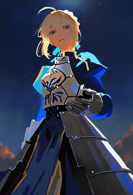 painterly, saber \(fate\), artist:[ruanjia|1473ex|yoneyama mai|cursedweeboo|daodtt|diao \(nrays\)|ravine bells], 
1girl, blonde hair, solo, faulds, juliet sleeves, armored dress, upper body, breastplate, standing, blue dress, hair ribbon, braided bun, blue ribbon, single hair bun, parted lips, short hair, greaves, green eyes, looking down, looking at viewer, french braid, hair between eyes, long dress, dark, backlighting, offering hand, foreshortening, pov, from below, night sky, 
newest, impasto, brushstroke, impressionism, chiaroscuro, oil painting \(medium\), newest, absurdres, masterpiece, very aesthetic