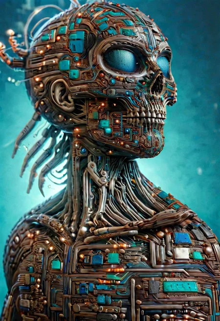 Cyberpunk, sci-fi, dark-fantasy, kodak portrait 400, 8k, soft light, volumetric lighting, highly detailed, britt marling style 3/4, portrait photo of a war man cyborg robot in a chemical laboratory + face, face is skullbone with scares, intricate, elegant, highly detailed, devil-armor, 2D motifs detailed dark fantasy digital painting, artstation, concept art, smooth, sharp focus, illustration, art by Otomo Katsuhiro and Shir Masamune and Oshii Mamoru. Cosmic light in backfront