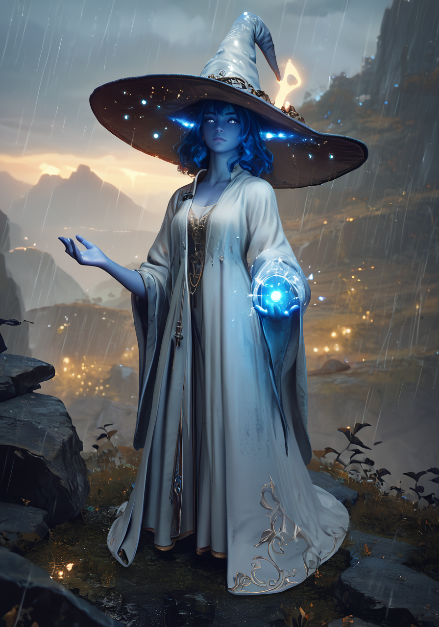 score_9, score_8_up, score_7_up, a girl standing in a dark fantasy setting, best quality, masterpiece, otherworldly, <lora:eldringpxl:0.8>, eldringpxl, full body, white robe, blue skin, blue hair, landscape, witch, big hat, rain, glowing eyes, magic powers
