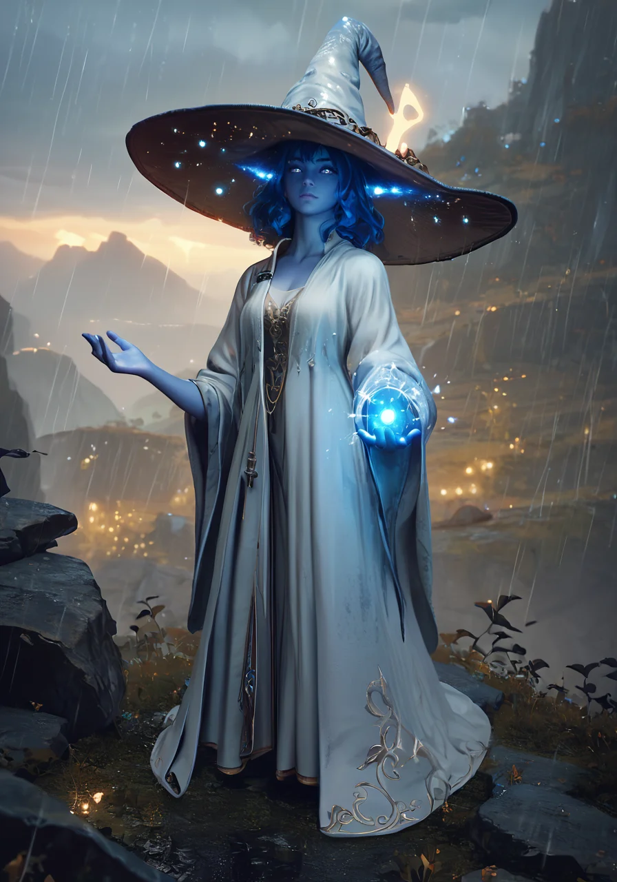 score_9, score_8_up, score_7_up, a girl standing in a dark fantasy setting, best quality, masterpiece, otherworldly, <lora:eldringpxl:0.8>, eldringpxl, full body, white robe, blue skin, blue hair, landscape, witch, big hat, rain, glowing eyes, magic powers