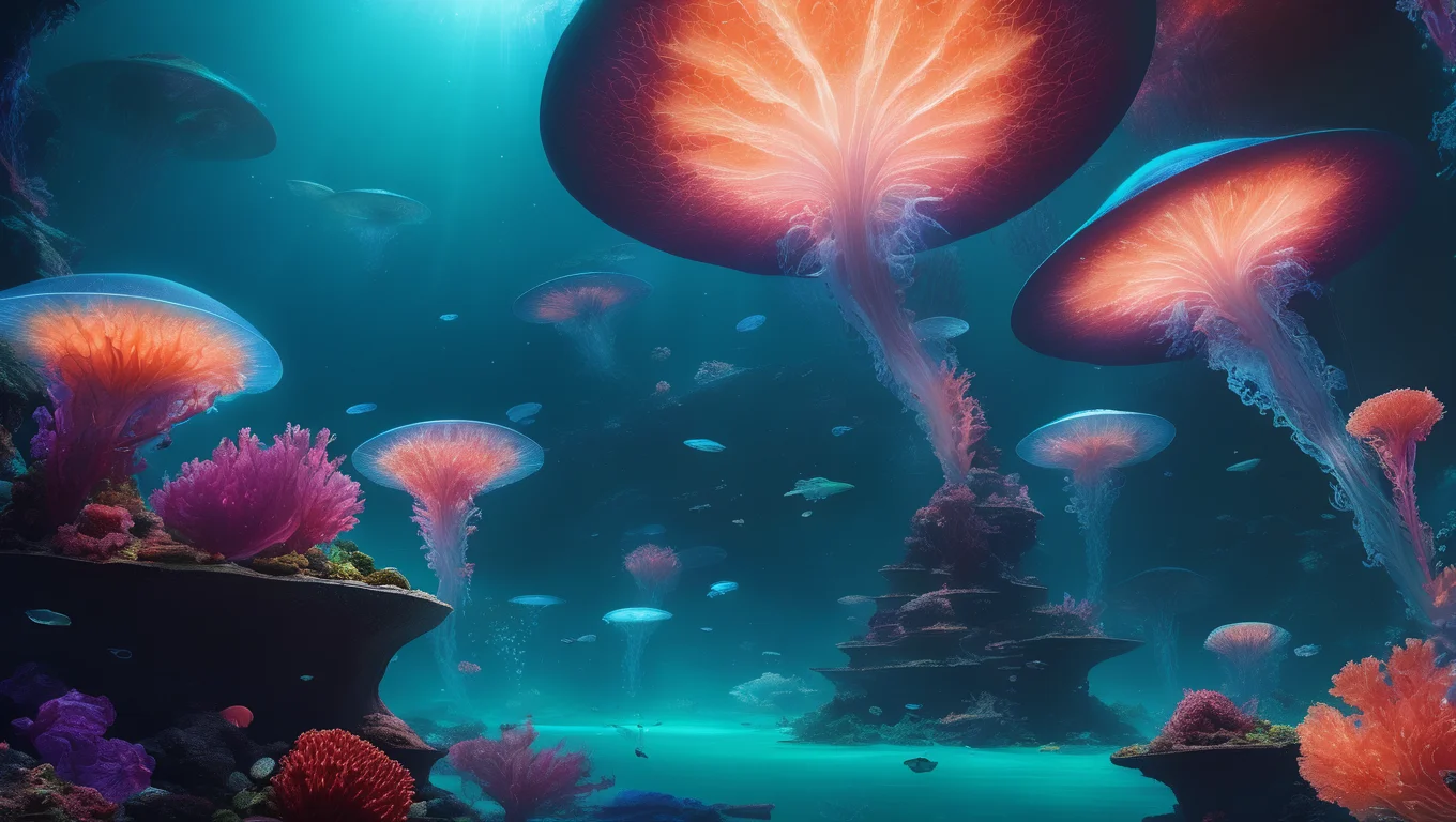 An alien reef suspended in midair, with glowing coral-like structures reaching toward the stars. Floating, jellyfish-like creatures drift among the coral.
,masterpiece, best quality, amazing quality, very aesthetic, absurdres, scenery, official art