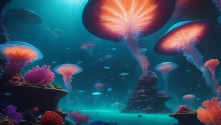 An alien reef suspended in midair, with glowing coral-like structures reaching toward the stars. Floating, jellyfish-like creatures drift among the coral.
,masterpiece, best quality, amazing quality, very aesthetic, absurdres, scenery, official art