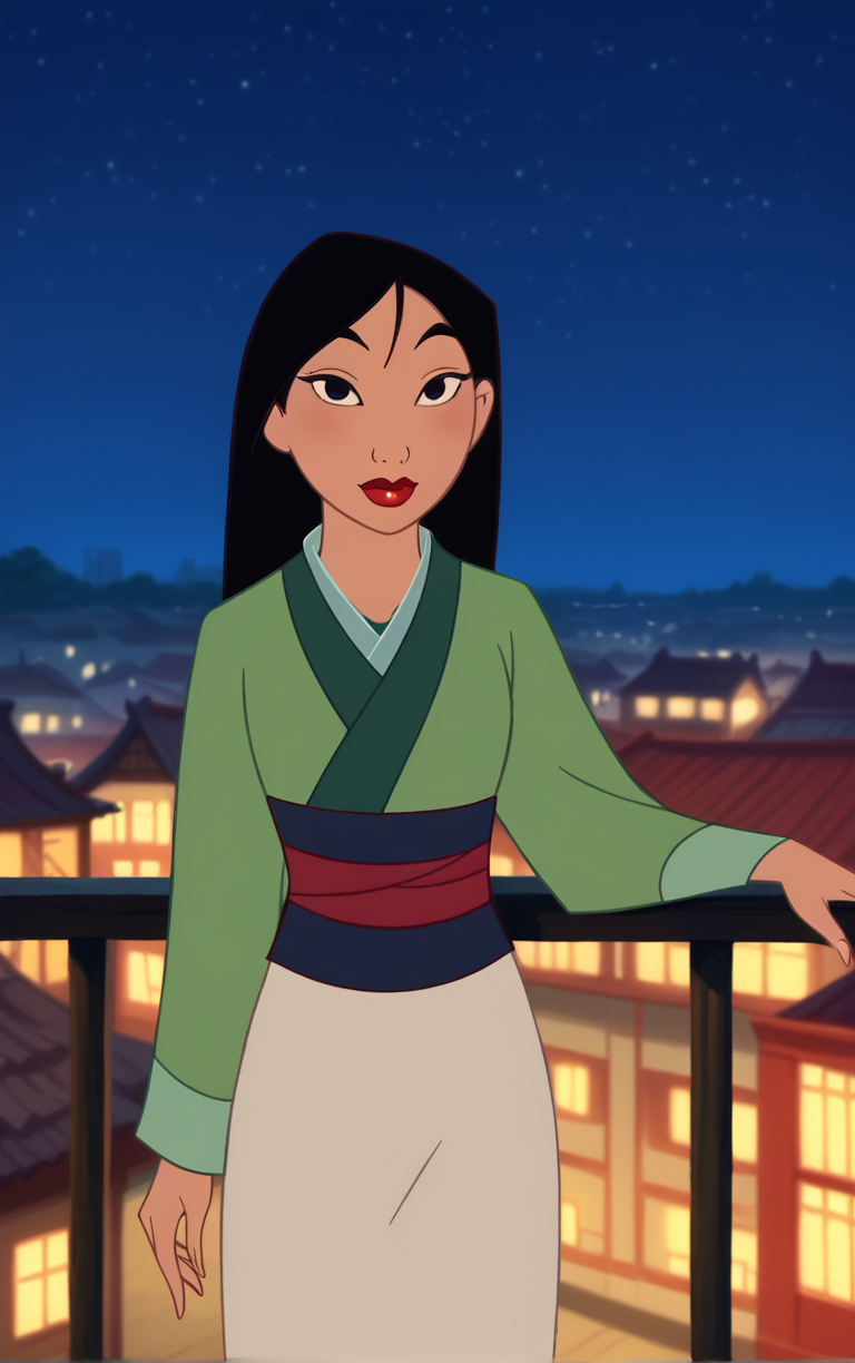 score_9, score_8_up, score_7_up, looking at viewer,  BREAK
GreenDress_Fa_Mulan_ownwaifu, 
1girl, black hair, long hair, black eyes, lips, dark skin, dark-skinned female, lipstick, 
green dress, long sleeves, japanese clothes, sash, hanbok,
(standing, arm_support), railing, cityscape, night, city, city lights, scenery, starry sky, vanishing point, outdoors, <lora:PONYXL_Fa_Mulan_Movie_ownwaifu:0.8> , depth of field, solo,