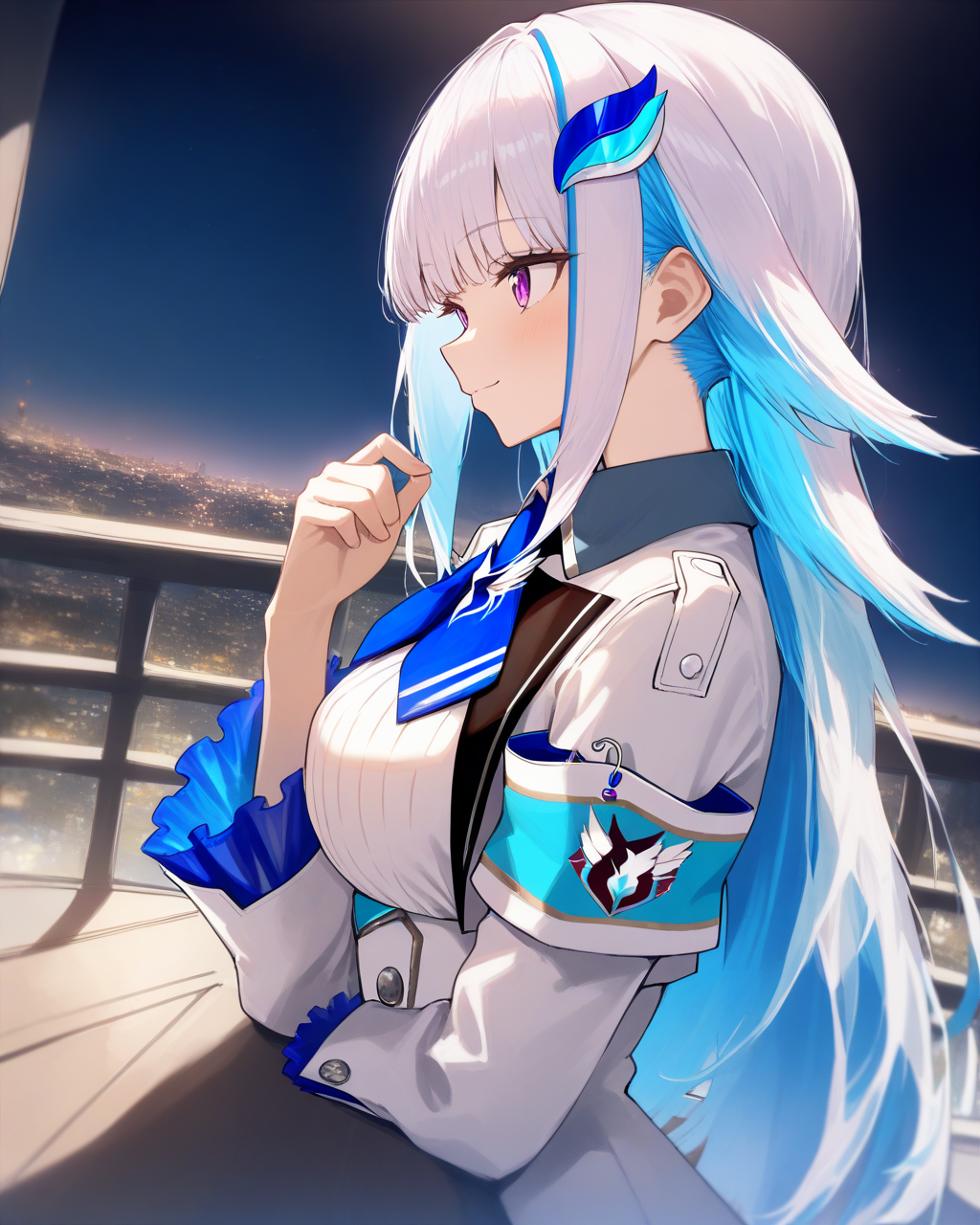 1girl,
LizeHelestaNijisanji,
LizeHelestaNijisanji1stCostume,
safe,
solo, perspective, dynamic angle, from side, upper body,
long hair, hair ornament, hair flaps,
purple eyes, light smile,
arm support,
white jacket, blue ascot, collared shirt, large breasts,
long sleeves, armband, safety pin,
night, balcony,
depth of field,
<lora:kp_LizeHelestaNijisanjiAnimagineXL_v1_1:1.0>,
masterpiece, high score, great score, absurdres