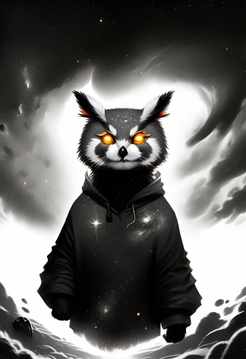 Score_9, Score_8_up, Score_7_up, lora:Navi_Celestial_Skin_PonyXL:1.1 nv-celestialskin, redpandafolk, rabbitfolk, owlfolk, foxfolk, sketch, monochrome, greyscale, YR_GradLight, 0u73r5p4c3, space, planet, nebula, galaxy, asteroid, GalaxyTelepurteSDXL, StarrySkies, scenery, stars (sky), background, night sky, vibrant colored skin, void cosmic body, deep black skin, ethereal silhouette, nebula patterns, animal theme focus, majestic owl