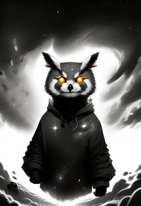 Score_9, Score_8_up, Score_7_up, lora:Navi_Celestial_Skin_PonyXL:1.1 nv-celestialskin, redpandafolk, rabbitfolk, owlfolk, foxfolk, sketch, monochrome, greyscale, YR_GradLight, 0u73r5p4c3, space, planet, nebula, galaxy, asteroid, GalaxyTelepurteSDXL, StarrySkies, scenery, stars (sky), background, night sky, vibrant colored skin, void cosmic body, deep black skin, ethereal silhouette, nebula patterns, animal theme focus, majestic owl