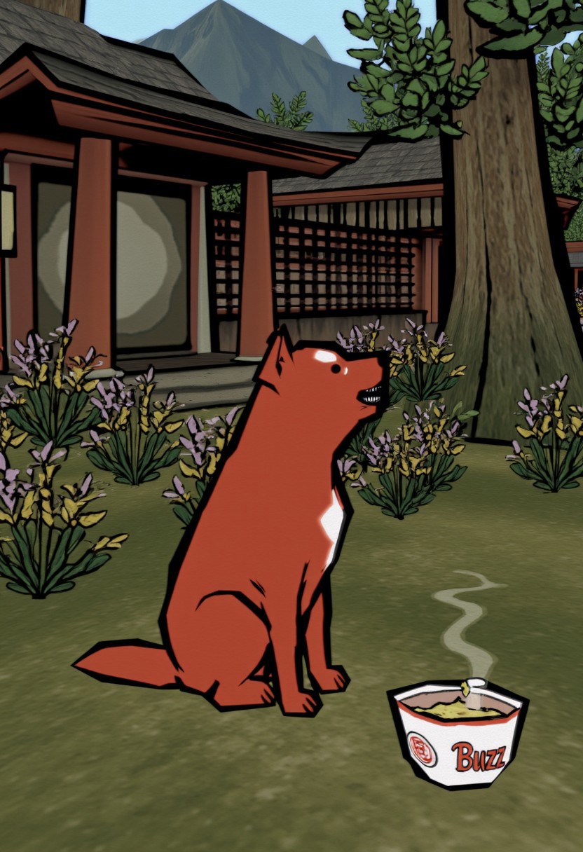 Amaterasu, Okami, okami style, hungry, stomach growling, in an ancient Japanese garden, sitting in front of a dog bowl that has "Buzz" written on the side