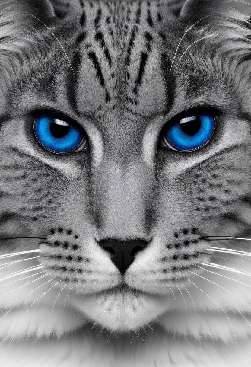 cats face, (Black and white image, blue Accent)