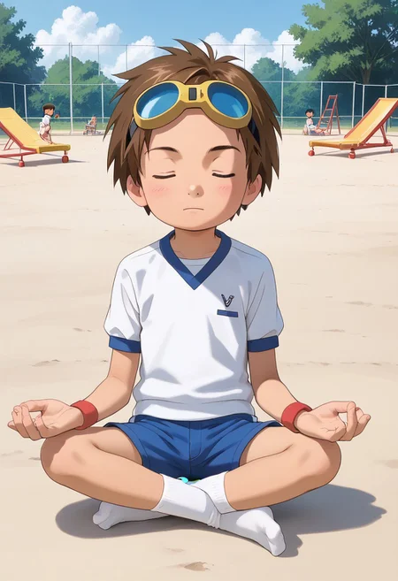 score_9, score_8_up, score_7_up, zPDXL2,
,
1boy, solo, goggles on head, brown hair, jyojifuku, white shirt, short sleeves, shorts, gym uniform,playground,hud_m3dit4tion, indian style, sitting, on floor, , , facing viewer, , closed eyes,
