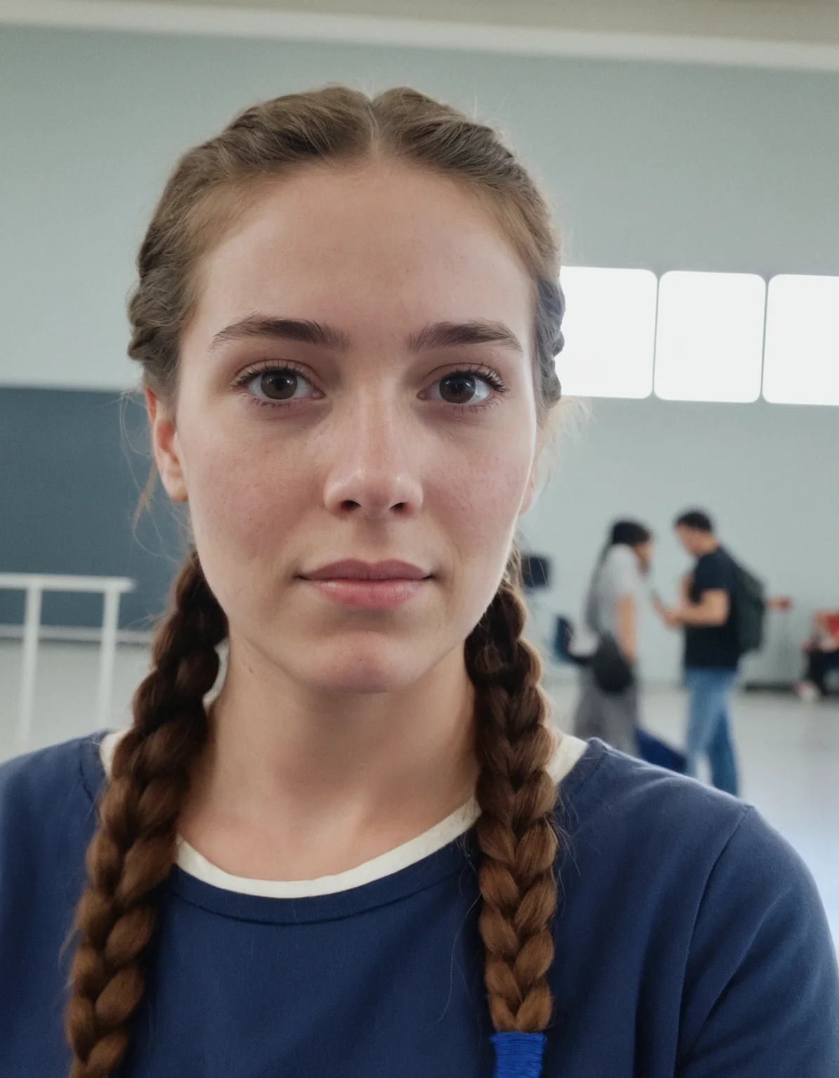 amateur cellphone photography woman with Dark brown French braid hair at flight school, (freckles:0.5) . f8.0, samsung galaxy, noise, jpeg artefacts, poor lighting, low light, underexposed, high contrast