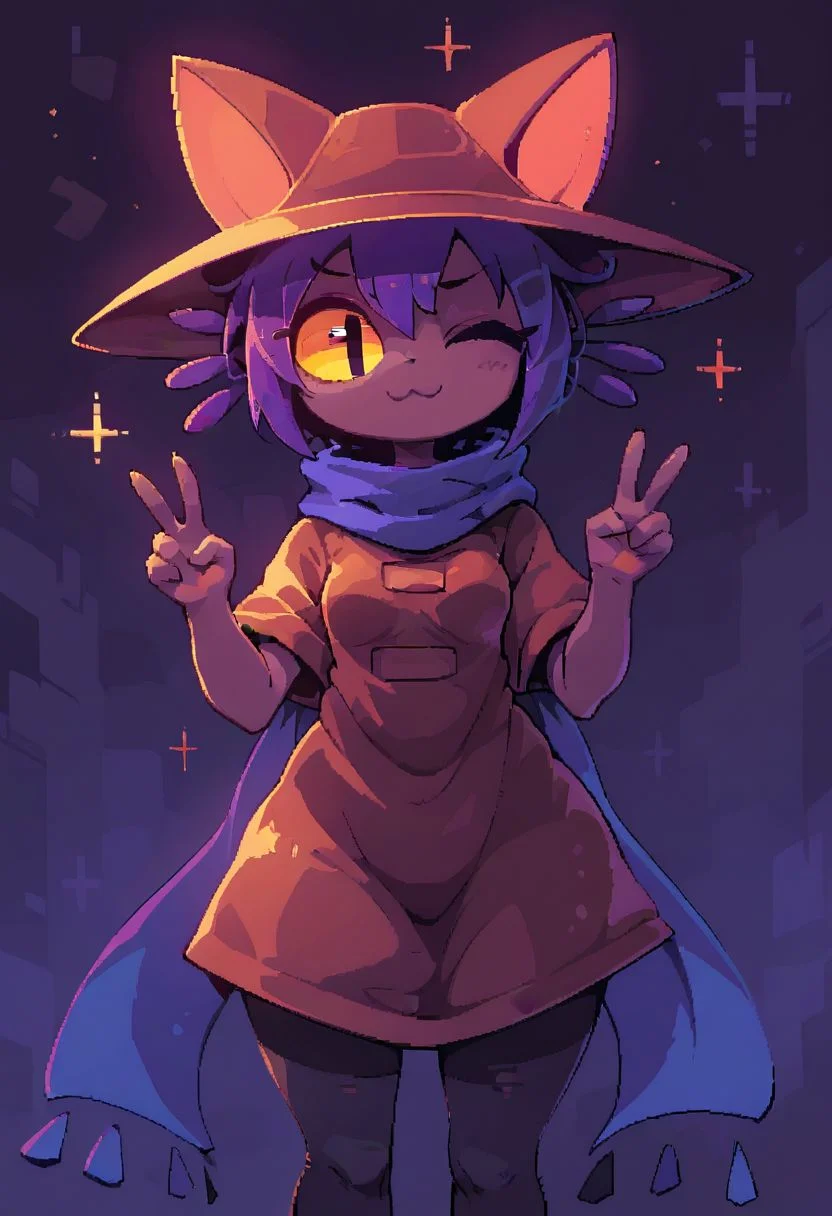 score_9, score_8_up, score_7_up, score_6_up, score_5_up, score_4_up BREAK
1girl, solo, niko \(oneshot\), slit pupils, yellow sclera, black pupils, purple hair, purple cat ears, petite, dark-skinned female, small breasts, wide hips, thick thighs, cat hat, blue scarf, brown dress, short sleeves, black legwear, leggings, standing, V, smile, closed mouth, wink, night city, purple background, d3p1x3l, pixel art,