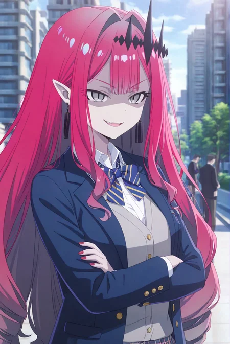 baobhan sith \(fate\),school uniform,thighhighs,long hair,red hair,1girl,skirt,blazer,jacket,outdoors,<lora:FGO_Spring2025_NewMaster_PromoStyle:0.8>,city,impatient expression,fgo_spring2025_newmaster_promostyle,cinematic_angle,depth of field,upper_body,(shaded_face:1.2),evil smile,arms_crossed,close-up,, masterpiece,best quality,amazing quality,
