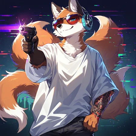 (masterpiece), best quality, newest, absurdres, furry, anthro, fox, male, blue eyes, oversized white T-shirt, black jeans, smug, Aiming a pistol at the viewer, pistol, glitching, glitch, distortion, twisted limbs, horror, (spider tattoo on the arm:1.3), red glass sunglasses, headphones, audio equalizer background, ar-glitch