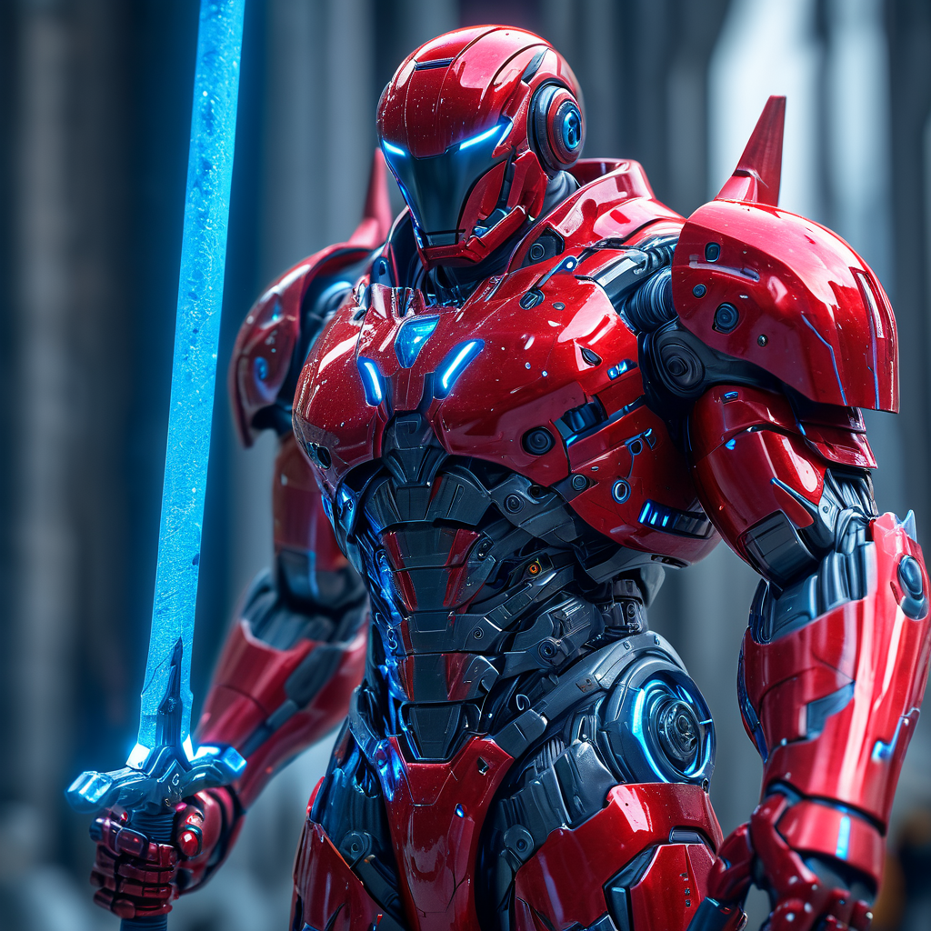 Close up shot of a futurisitc red robot, wearing tech armor and robotic wins, holding blue glowing sword infront of him, standing up, futuristic spacestation in background, HKStyle, HD, masterpiece, best quality, hyper detailed, ultra detailed, super realistic
