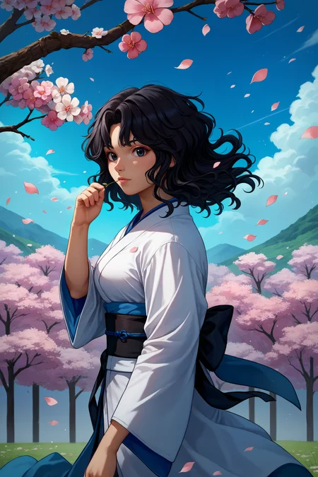 score_9, score_8_up, score_7_up, score_6_up, source_anime, 1girl, solo, <lora:tanamachikaoru-pdxl-nvwls-v1-000006:1> amagamiTK, black hair, wavy hair, medium hair, black eyes, medium breasts, white kimono, black sash, hair blowing in the wind, hand up, flower petals, blue sky, from side, looking at you, cherry blossoms