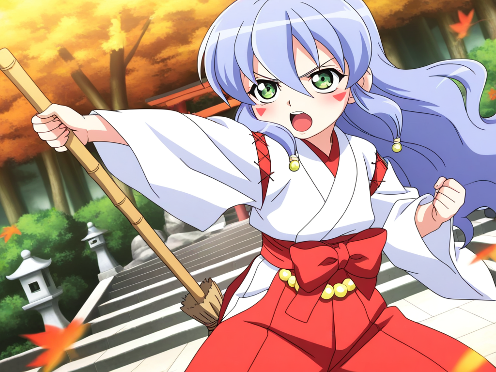 general,highres, ultra-detailed,very aesthetic,best quality ,best hands, BREAK <lora:Nazuna_Onmyou_Taisenki_Ver2.0_IS:0.8>
Nazuna, 1girl, solo, blue hair, long hair, wavy hair, green eyes, red triangle facial mark, hair between eyes,
absurdres,highres,masterpiece,best quality,amazing quality,official anime artwork,outdoors, anime screencap,
autumn leaves,tree,bush,falling leaves,shrine,torii,stairs,stone lantern, upper body,dynamic pose,motion lines,motion blur, open mouth,angry, fighting stance,holding broom,dutch angle, BREAK 
,white kimono,cross-laced sleeves,long sleeves,wide sleeves,red hakama pants,red layered waist bow,yellow waist beads,