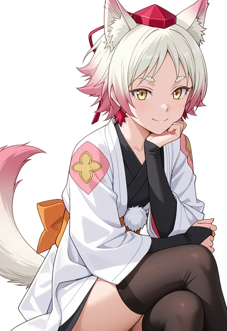 Smooth Quality,masterpiece,very intricate, high quality details, ultra realistic, high detailed skin,detailed enviorement,absurdres,
simple background, white background,solo,
sitting, legs crossed, hand on chin, smiling, relaxed,  ,front view,happy,
 <lora:Momiji_cnn:0.8> momijicnn,1girl, wolf ears, yellow eyes, white hair, pink hair, short hair, gradient hair, thick eyebrows,tokin hat, japanese clothes,white kimono,sash, black thighhighs, long sleeves, bridal gauntlets,earrings, pom pom (clothes), tail,