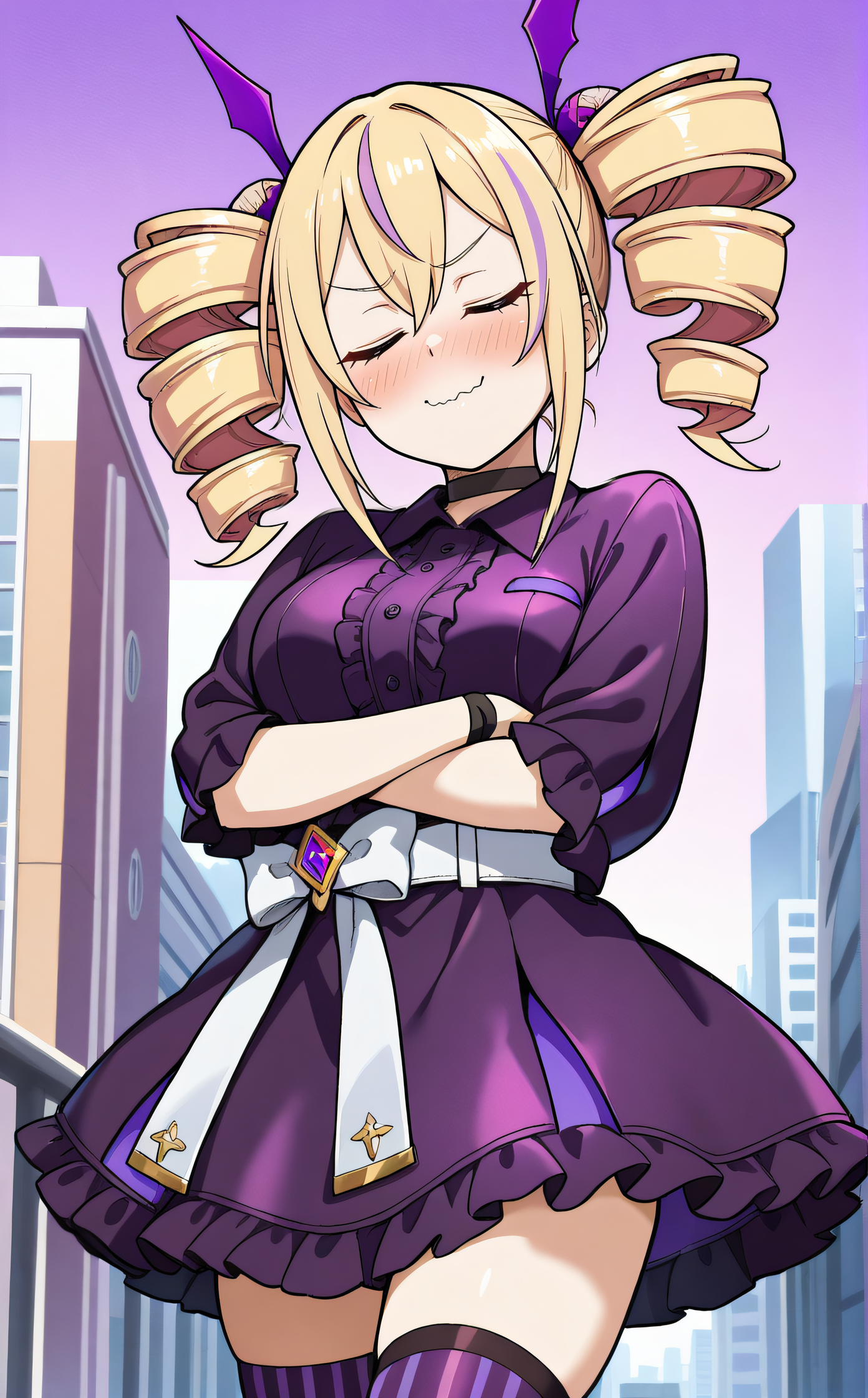 masterpiece, best quality, highres, newest, scenary, 1girl, solo, official style, <lora:IL_Violet_Inboots:1>, violet, streaked hair, twindrills, black choker, white belt, white bow around waist, collared dress, black frilled dress, purple vertical-striped thighhighs, closed eyes, crossed arms, smile, wavy mouth, closed mouth, blush, cowboy shot, outdoor, city background