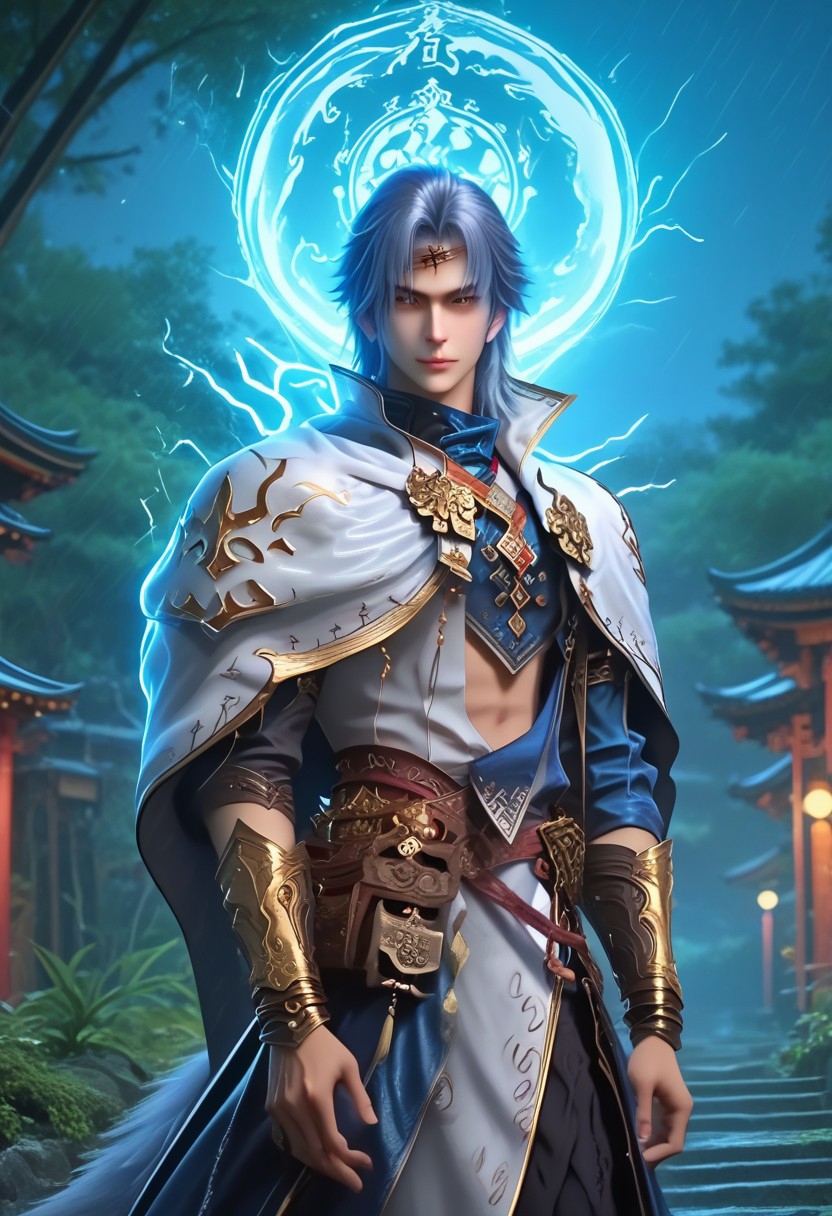 (Masterpiece:1.4), (best quality:1.2), (perfect anatomy), (perfect hands), (perfect face),1boy, solo, full body, LanGe, LanGe_silver-blue-hair, LanGe_long-medium-wavy-hair, LanGe_dark-eyebrows,  LanGe_gray-eyes, LanGe_asian-shaped-eyes, animal_ears, fox ears, cute boy, Fox tail, glowing eyes, LanGe_prince-crown, ((LanGe_white-royal-mantle, LanGe_golden-royal-mantle-brooch)), black_gloves, beaded bracelet, backlit character, looking at viewer, smiling, closed mouth, half smile, thin waist, large chest, prominent pecs,  BREAK,
shrine, japanese shrine, bamboo trees, night, nighttime, raining, heavy rain, light rays, light circle behind the character, low light, dark, blue fire wisp, gas body, paved path, moss, extreme detail, detailed scenery, detailed background,