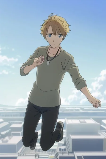 high resolution, professional photography, solo, best quality, 1Boy, Yamato Ishida, Blond Hair, Deep Blue Eyes, Necklace, jump, free, clear sky, OverallDetail