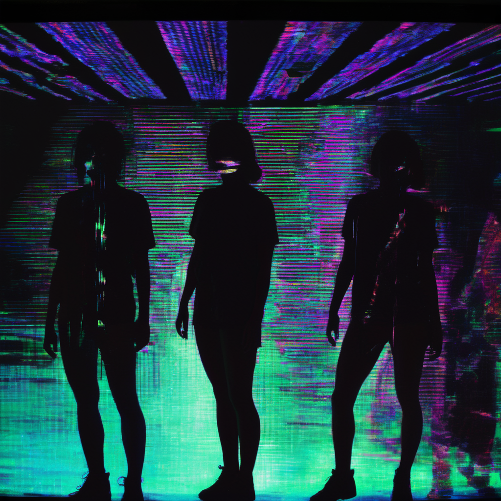 <lora:CorruptedOutputXL:0.8>, CorruptedOutputXL, people in a dark room, dancing, distortion, glow, static, glitch art