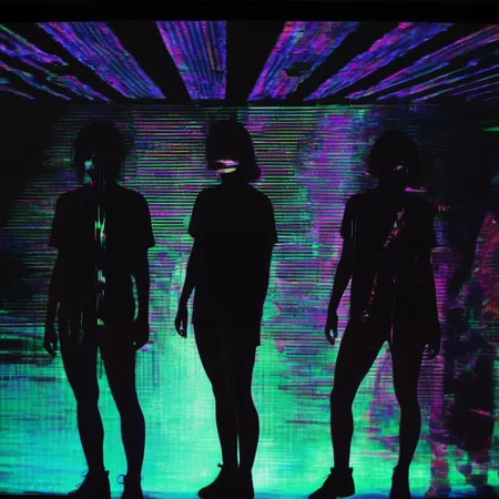 <lora:CorruptedOutputXL:0.8>, CorruptedOutputXL, people in a dark room, dancing, distortion, glow, static, glitch art