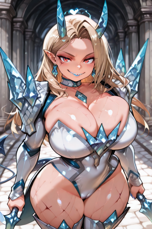 PonyScores, Expressiveh, (score_9, score_8_up, score_8, ASCII score_9), Rating 9, Rating 8, Rating 7, source_anime, 1girl, solo, embedding:lazypos, very aesthetic, absurdres, artist:moriimee, aidmaimageupgrader, explicit, parted lips, curly hair, demon girl, breasts, looking at viewer, (big breasts), large breasts, blush, pale skin, red eyes, athletic body, petite, holding, navel, weapon, horns, very long pointy ears, holding weapon, heavy armor, glowing, demon horns, helmet, (bikini armor), cameltoe, shoulder armor, tail armor, glowing eyes, pauldrons, very long hair, many tattoos, dynamic pose, legs together gracefully, sexy pose, depth of field, blurred background, dramatic lighting, detailed background, horror, madness, bloody, (sharp teeth:1.2), (crazy smile:1.3), nightmare fuel, seductive smile, horny girl, naughty face, (detailed teeth), (detailed eyes), (detailed lora), (detailed face), bloody, abomination, veins, trauma, cuts, scratches, dynamic sexy pose, <lora:eye:1>, HDeyes, detailed eyes, (Emma Frost), Emma Frost_(Marvel Rivals), lipstick, lips, breasts, thick thighs, Voluptuous body, jewelry, earrings, blue lips, makeup, choker, white leotard, shoulder armor, crystal, long sleeves, cleavage, coattails, (looking at viewer), blue nails, nail polish, curvy, standing, boots, collarbone, standing, shiny skin, shiny body, Casual, covered stomach, (beautiful atmosphere), (sharped face, beauty makeup), (beautiful skin, beautiful face), (perfect anatomy), (beautiful detailed face, beautiful oval face), (sharp out line), perfect hands, seductive smile, (perfect female body), (beautiful eyes and face), (upper body), (cowboy shot), Ice powers, Big thighs, ice glow, ice magic, ice energy, energy orbs, light particles, orbs, Blue energy, big eyes, (extremely detailed eyes), (iper detailde eyes), (ultra detail eyes), (beautiful eyes), detailed backgrounds, (detailed eyes), (perfect eyes), extremely detailed CG, extremely detailed face, detailed Lora, focused subject, black pupils, (ass), (perfect ass), (beautiful ass), open mouth, (close-up:1.4), eye focus, glowing, (close up:1.5), <lora:EmmaFrostillusApexAi:1>,