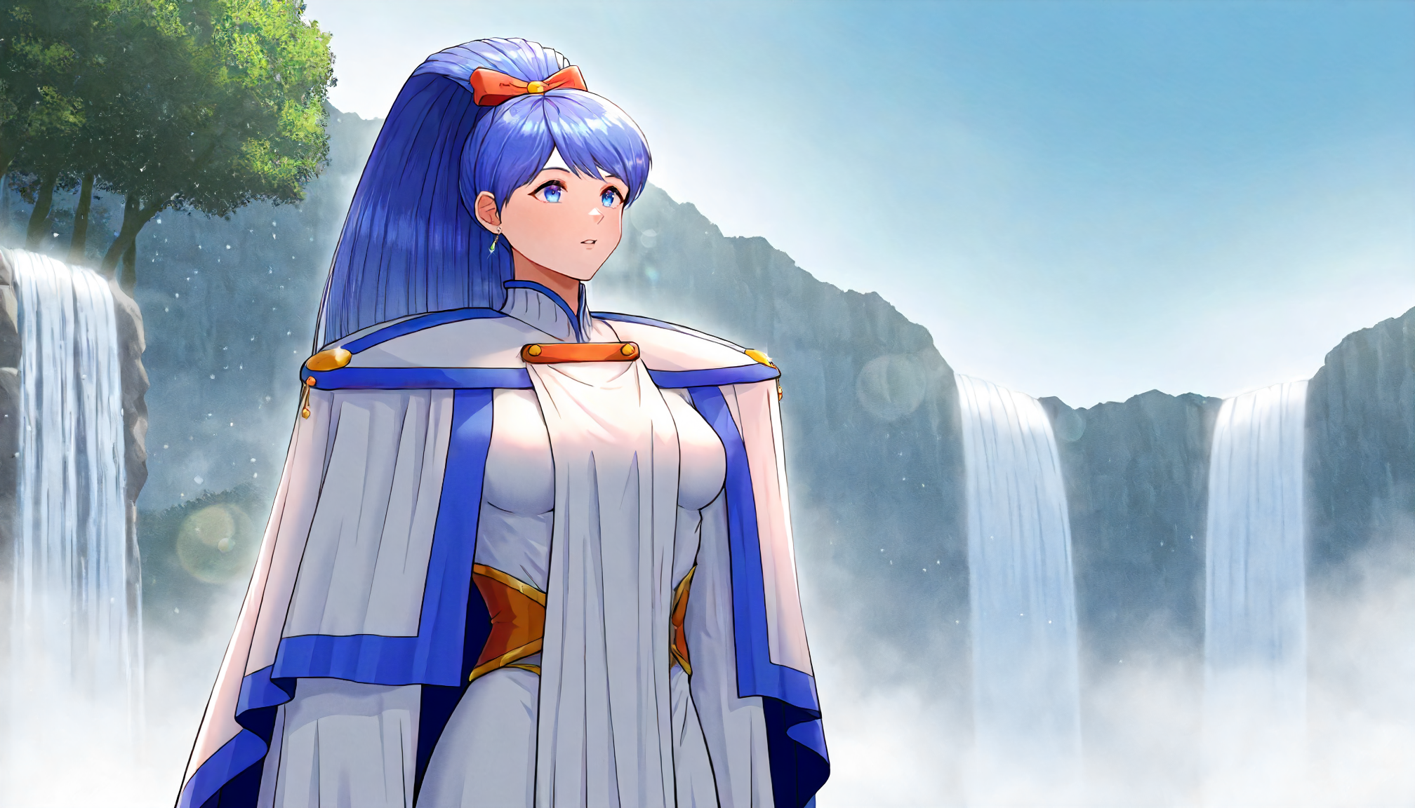 <lora:ML2_SakuyaRanzaiwaXLIllustrious004>,
masterpiece,best quality,good quality,newest,
outdoors,nature,waterfall,sky,fog,lens_flare,glitter,
parted lips,
solo,
SakuyaRanzaiwa,1girl,blue hair,wide ponytail,hair bow,blue eyes,earrings,
breasts,
shoulder_pad,cape,robe,
standing,