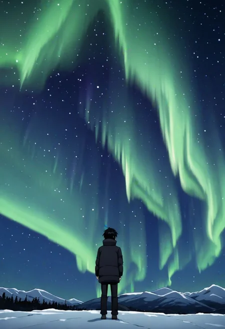 high resolution, solo, best quality, 1Boy, Kazuto Kirigaya, Black Hair, Black Eyes, winter, Northern Lights, Stargazing, OverallDetail