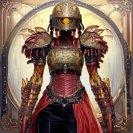Bionic Woman,1girl, looking at looking at viewer, Heavy braids, yellow eyes || helmet, o-ring top, red sarong, black shorts, shoulder armor, monster girl, 1girl, monster girl, gradient, colored skin, solo, covered eyes,, ultra detailed, masterpiece, best quality, aesthetic, detailed,
ArsMJStyle, Art Nouveau