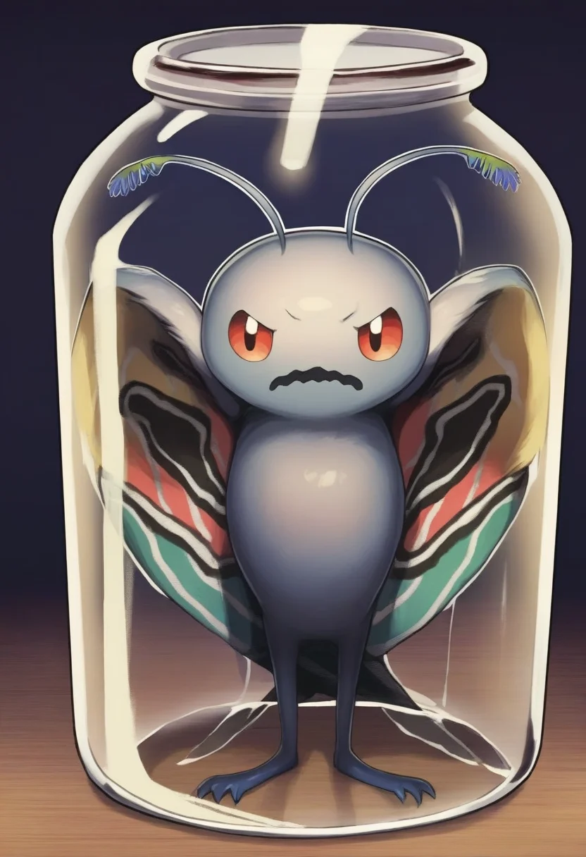 masterpiece, best quality, solo, looking at viewer, <lora:Mothman-illus_Fp:1>, mothman, pokemon \(creature\), no humans, wings, antennae, open mouth, in jar, frown, wavy mouth,