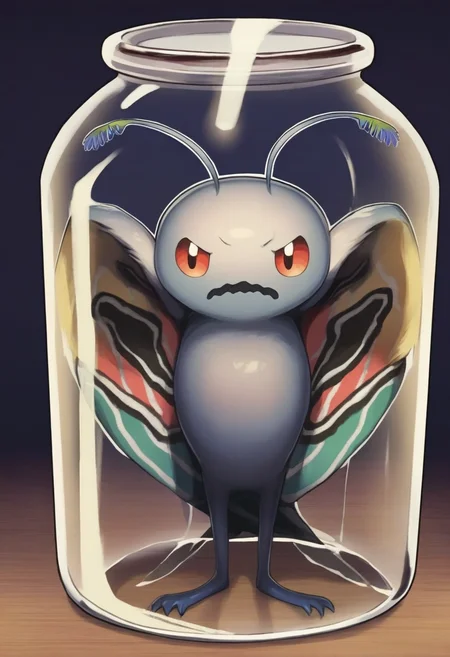 masterpiece, best quality, solo, looking at viewer, <lora:Mothman-illus_Fp:1>, mothman, pokemon \(creature\), no humans, wings, antennae, open mouth, in jar, frown, wavy mouth,