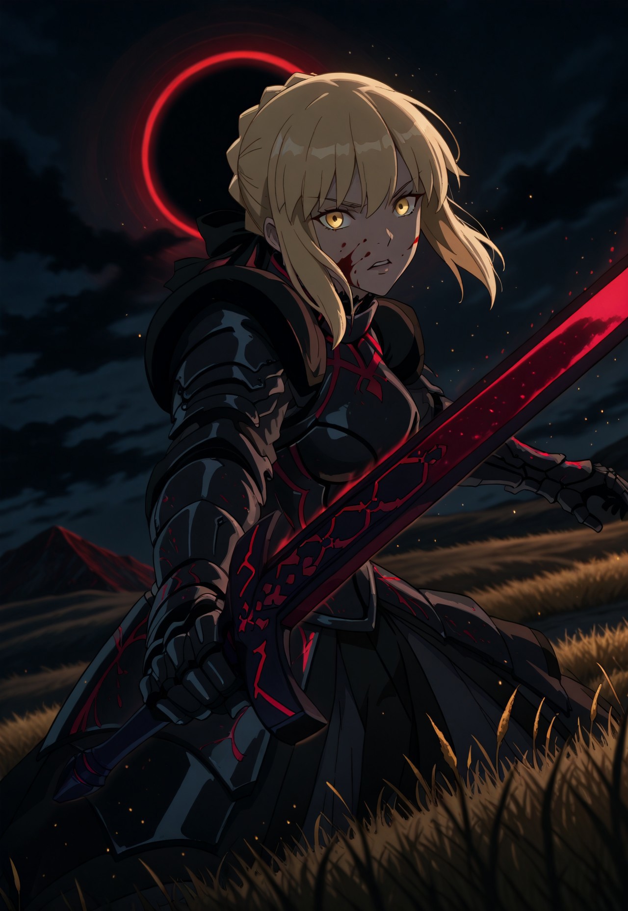 safe_pos, angle, (motion lines:0.3), (motion blur:0.3), 

saber alter, fate (series),1girl, yellow eyes, blonde hair, short hair, long hair, sidelocks, medium breasts, excalibur morgan (fate),solo,focused,  glowing sword, negative space, dim background, armored dress,full armor, wielding greatsword, sword strike, dynamic backlighting, indirect lighting, night sky, eclipse,pauldrons,gauntlets,blood on face, blood splatter, incoming attack, (looking at viewer:1.2), red tint, glowing sword, spectral rays,opal particles, Cinematic Lighting,light particles,dark red theme,grasslands, battlefield, (black clouds:1.5), embers, night, shadow, close-up, face focus,incoming horizontal sword attack,close-up,

accurate anatomy, focused, outdoors, dynamic light, velvet theme, from side, vibrant colors, soft focus, high contrast,

textured surfaces, depth of field, dramatic shadows, rich details, vintage clock, nature-inspired color palette, dynamic angle,  dynamic light,background,volumetric lighting,
night scene, professional lighting, ambient lighting, soft shadows, clear composition, detailed environment, solo_focus, masterpiece, best quality, very aesthetic, absurdres, newest,748cmstyle,ultsm99,