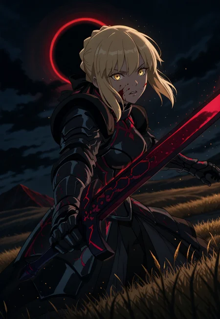 safe_pos, angle, (motion lines:0.3), (motion blur:0.3), 

saber alter, fate (series),1girl, yellow eyes, blonde hair, short hair, long hair, sidelocks, medium breasts, excalibur morgan (fate),solo,focused,  glowing sword, negative space, dim background, armored dress,full armor, wielding greatsword, sword strike, dynamic backlighting, indirect lighting, night sky, eclipse,pauldrons,gauntlets,blood on face, blood splatter, incoming attack, (looking at viewer:1.2), red tint, glowing sword, spectral rays,opal particles, Cinematic Lighting,light particles,dark red theme,grasslands, battlefield, (black clouds:1.5), embers, night, shadow, close-up, face focus,incoming horizontal sword attack,close-up,

accurate anatomy, focused, outdoors, dynamic light, velvet theme, from side, vibrant colors, soft focus, high contrast,

textured surfaces, depth of field, dramatic shadows, rich details, vintage clock, nature-inspired color palette, dynamic angle,  dynamic light,background,volumetric lighting,
night scene, professional lighting, ambient lighting, soft shadows, clear composition, detailed environment, solo_focus, masterpiece, best quality, very aesthetic, absurdres, newest,748cmstyle,ultsm99,