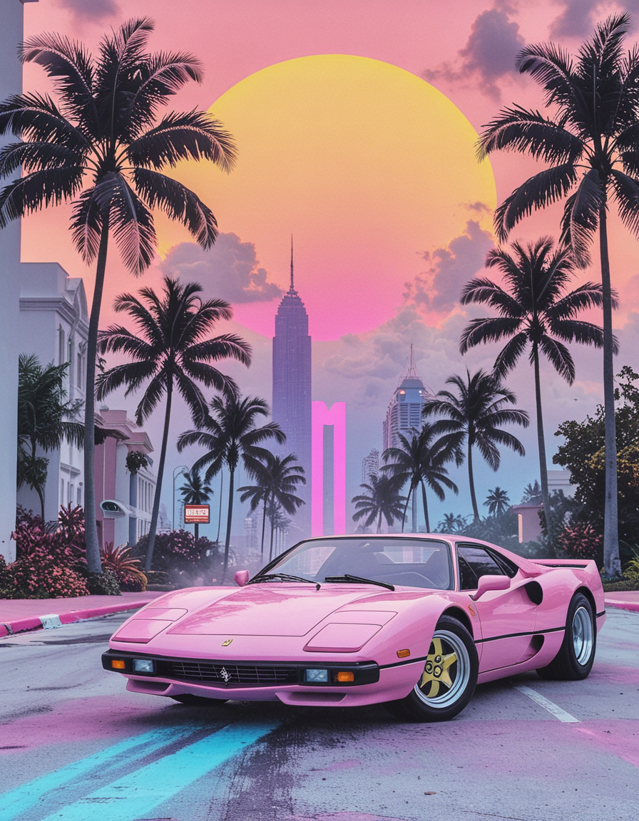 score_9, score_8_up, score_7_up, realistic, masterpiece, best quality, highres,  ArsMJStyle, Retro Anime Flat Colors, ferrari, sunset, synthwave, miami vice, abstract <lora:Vaporwave_SDXL:1>