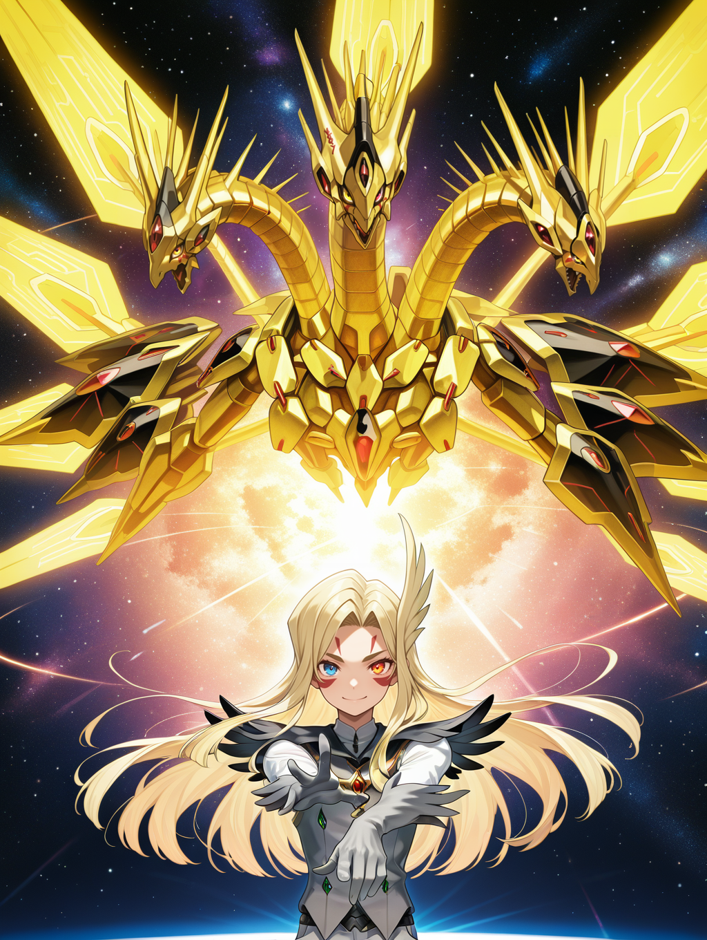 1boy,1other,space,
BREAK gold mecha dragon,neo galaxy-eyes tachyon dragon,three heads,
BREAK mizael,outstretched hand,1boy,male focus,facial tattoo,heterochromia,smile,grey gloves,grey vest,looking at viewer,
masterpiece,best quality,amazing quality,very aesthetic,absurdres,newest,<lora:Galaxy-Eyes Tachyon Dragon illuXL v1:0.75>,