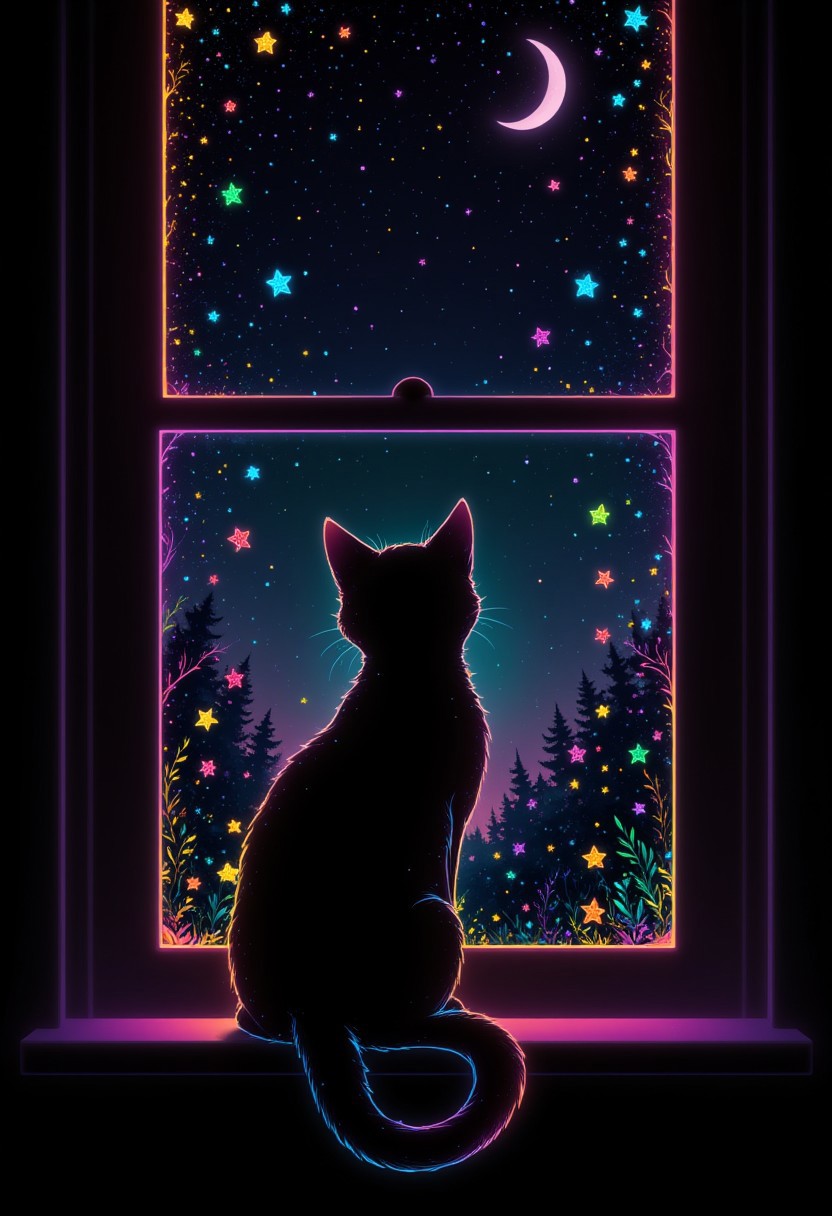 neon outline on black, neon colors,A cat sitting on a windowsill, watching the stars twinkle through the windowpane, set against a nighttime background