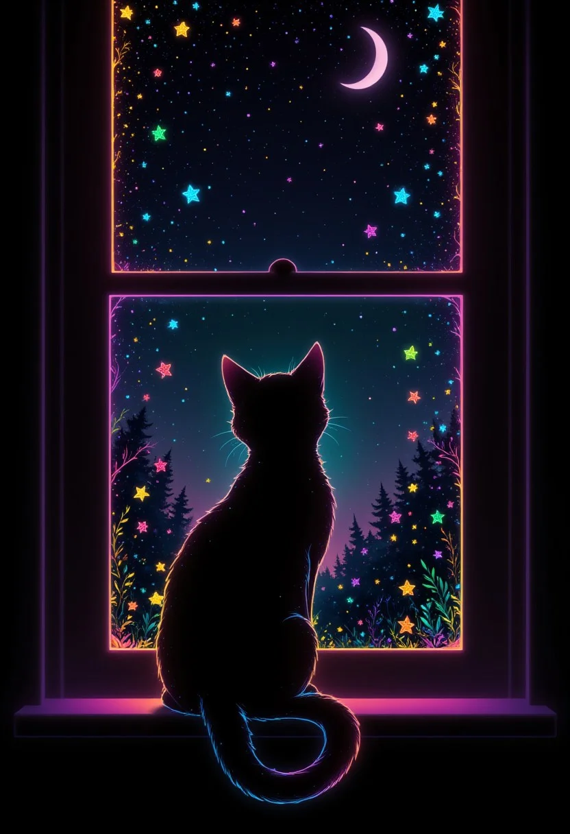neon outline on black, neon colors,A cat sitting on a windowsill, watching the stars twinkle through the windowpane, set against a nighttime background