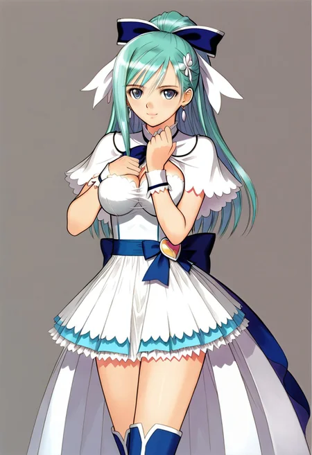 (hand on waist, hair bow, cureange, large breasts, wide hips, aqua hair, shiny hair,,, BREAK hair ornament, dress, jewelry, earrings, boots, wrist cuffs, makeup, capelet, white dress, short dress, magical girl, lipstick, blue footwear, layered dress,,, smile,) thigh-highs, 1girl, best quality, cowboy shot, seductive smile, tony taka, Overall Detail, (slim, contrapposto, standing, earrings, looking at viewer, young-adult), white stocking, large breast, tony taka, negative hand, Fix hand