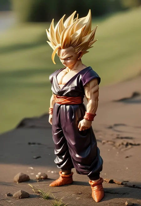 (Score_9, score_8_up, score_7_up:1.7),(fullbody:1.0), (Ssj2,Purpleclothes:1.0),( in forest background:1.0),(diminute, toy),detailed face, detailed eyes
