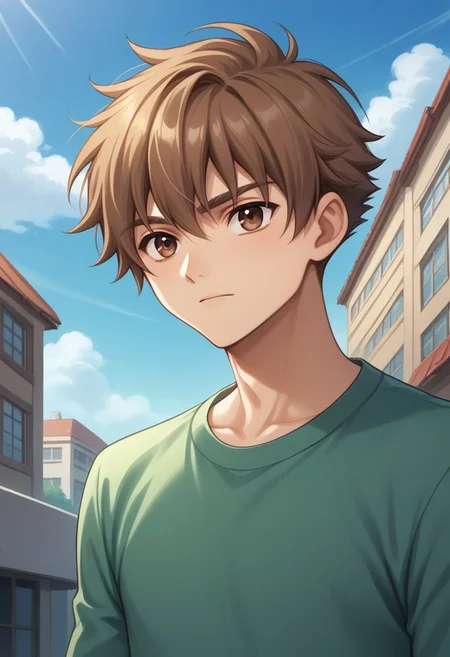 score_9, score_8_up, score_7_up, source_anime, highly detailed, 
shaoran, brown eyes, brown hair, male focus, sky, 1boy, solo, day, cloud, shirt, white shirt, drawstring, green shirt, pants, upper body, slender, skinny, raglan sleeves,
outdoor, sky, buildings,