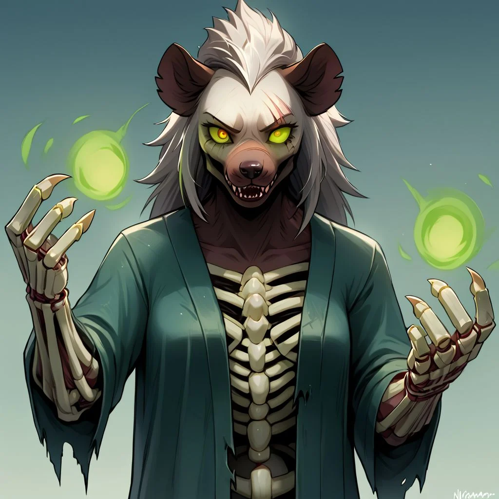 Solo, female, gnoll, black rotting fur, messy fur, glowing green left eye, blind right eye, scar over right eye, skeleton hands, claws, necromancer robe, undead, eldritch, hyena humanoid, ugly green magic in skeleton hands, hyena anthro, undead anthro,