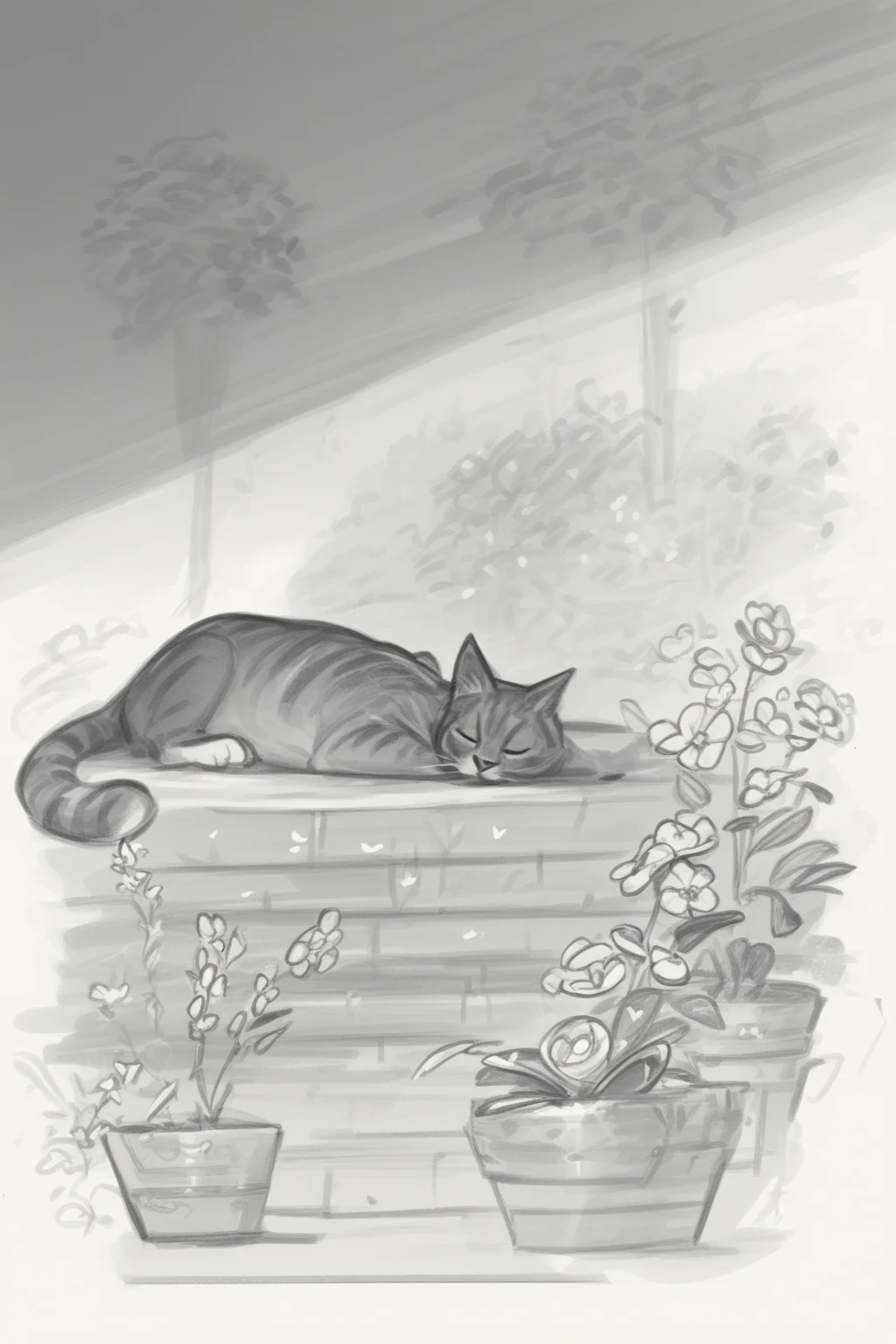 score_9, score_8_up, score_7_up, masterpiece, high quality, BREAK
 <lora:Calamari CakesStylePonyLyco:1> monochrome, greyscale, solo, drawing, sketch, silent comic, simple background, a cat sleeping in a garden, trees, flowers