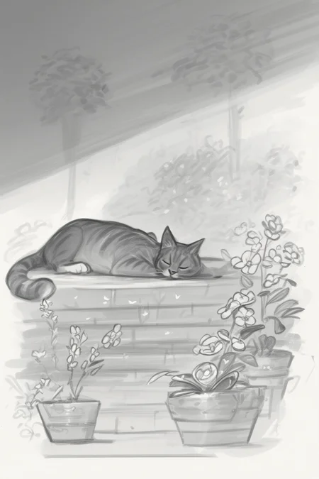 score_9, score_8_up, score_7_up, masterpiece, high quality, BREAK
 <lora:Calamari CakesStylePonyLyco:1> monochrome, greyscale, solo, drawing, sketch, silent comic, simple background, a cat sleeping in a garden, trees, flowers