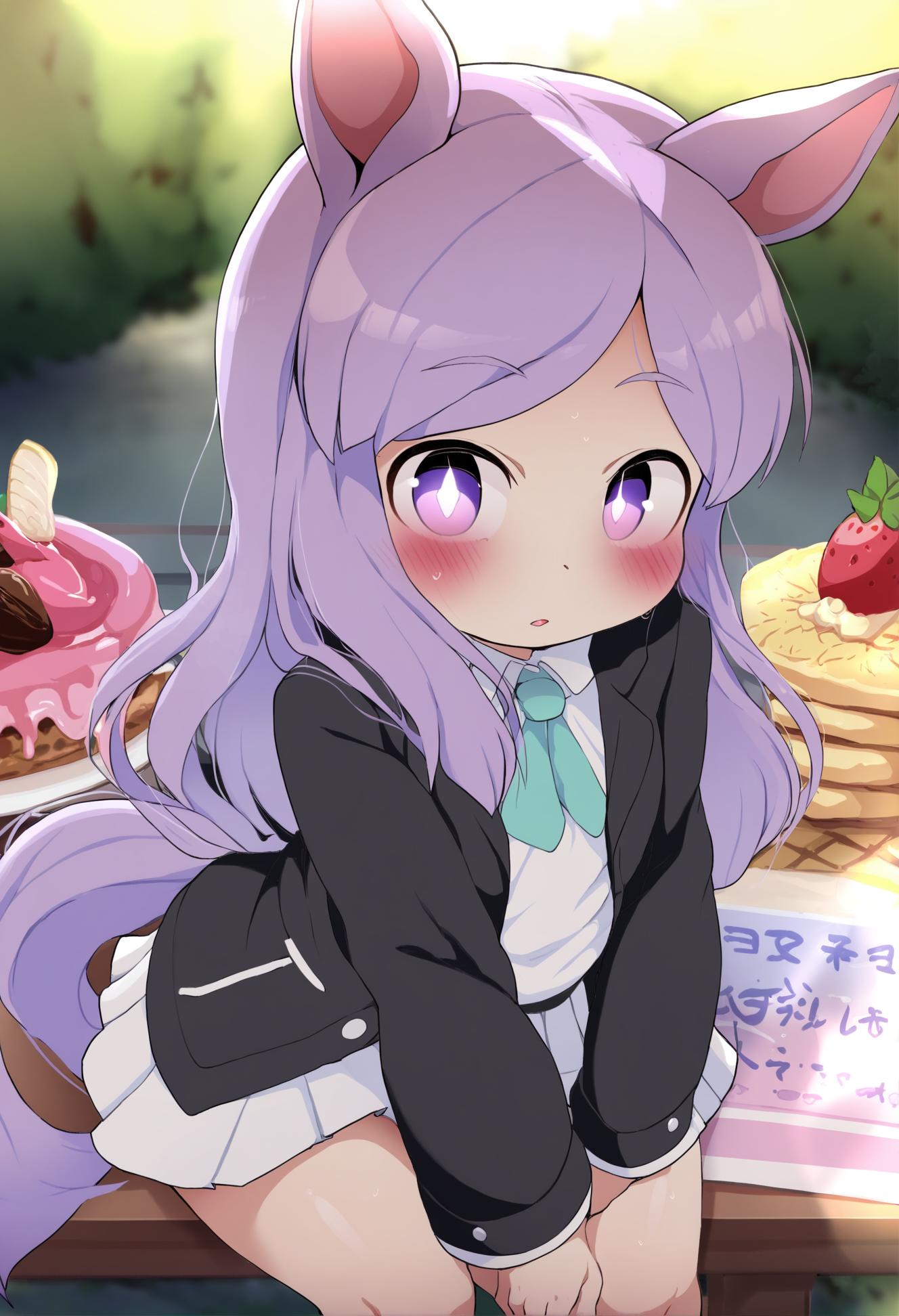 masterpiece, hyper detailed, best quality,(furry:1.3),mejiro mcqueen \(umamusume\), 1girl, long hair, animal ears, purple eyes, horse ears, horse girl, purple hair, tail, horse tail, looking at viewer , food, blush, black skirt, skirt, ribbon , ear ribbon, outdoors, solo focus, long sleeves, frills, jacket, bangs, sitting, parted lips, aqua ribbon, black jacket, aqua bow, pleated skirt, solo tie, blue bow, strawberry  ,<lora:DAGASIXLlokr8f-000188:0.95>