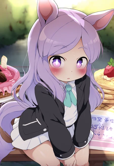 masterpiece, hyper detailed, best quality,(furry:1.3),mejiro mcqueen \(umamusume\), 1girl, long hair, animal ears, purple eyes, horse ears, horse girl, purple hair, tail, horse tail, looking at viewer , food, blush, black skirt, skirt, ribbon , ear ribbon, outdoors, solo focus, long sleeves, frills, jacket, bangs, sitting, parted lips, aqua ribbon, black jacket, aqua bow, pleated skirt, solo tie, blue bow, strawberry ,<lora:DAGASIXLlokr8f-000188:0.95>