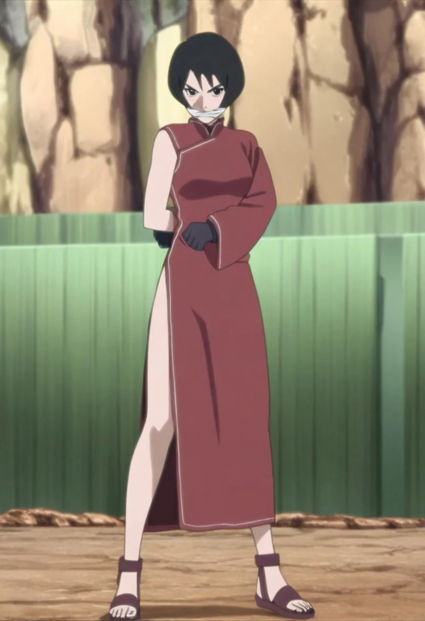 source_anime, masterpiece, best quality, amazing quality, anime screencap, cleave gagged, high quality, 8k, absurdres, official style, 1girl, solo, <lora:Kurotsuchi_iL:1>, kurotsuchi, black hair, short hair, black eyes, gloves, dress, black gloves, chinese clothes, red dress, sandals, china dress, side slit, one sleeve, cleave gag, arms behind back, hands bound, defiant expression, looking at viewer, upper body, close up